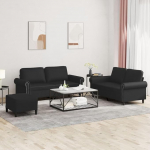 3-TLG. Sofagarnitur mit Kissen, Schwarz Kunstleder Diivan Set inkl. Hocker, Modernes 2-Sitzer Wohnzimmer Set mit dickem Komfort, Langlebig & Schmutzabweisend f&uuml;r Wohnung und B&uuml;ro