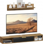 HOMCOM elutoa m&ouml;&ouml;blikomplekt TV-m&ouml;&ouml;bel koos seinariiuliga Uksed avatud riiulid kaabli l&auml;biviigud Seina TV 120x24x16cm Tammepuust