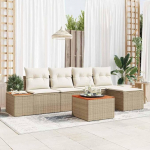 Modulares Gartensofa-Set 6-teilig in Beige und Creme aus Akazienholz und Polyrattan mit Kissen f&uuml;r den Au&szlig;enbereich als Outdoor-Sofa-Gruppe