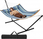 Yaheetech Hammock koos raami ja padjaga, XXL topelt-Hammakas koos alusega kuni 216 kg kandev&otilde;ime 2-3 inimesele, reguleeritava k&otilde;rgusega v&otilde;rkkiik &otilde;ues ja siseruumides, sinised triibud