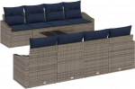 vidaXL Diivan Set mit Kissen 9 pcs Grau und Marineblau Poly-Rattan, Garten- und Terrassenset, modern, rechteckig, robust, leicht, UV-best&auml;ndig, mit Stauf&auml;chern, Loungesofa