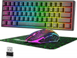 60% Juhtmevaba m&auml;nguklaviatuuri ja hiire kombineeritud komplekt 2,4 GHz laetav 3800 mAh vaikne 61 klahvi kompaktne klaviatuur Rainbow LED taustavalgusega + 2400 DPI 6 nuppu Rainbow LED hiir (must)