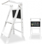 Oemmie kokkupandav puidust &otilde;ppetorn valge - Montessori &otilde;ppetorn lastele koos kriiditahvliga, reguleeritava k&otilde;rgusega ja kokkupandav, kandev&otilde;ime kuni 50 kg - ruumi s&auml;&auml;stev k&ouml;&ouml;giabi v&auml;ikelastele