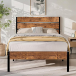 VECELO voodiraam 90 x 200 cm, metallist voodi paksu puidust pealae ja lamellip&otilde;hjaga, kaheinimesevoodi koos voodi all oleva panipaigaga, sobib ideaalselt magamistuppa, pruun