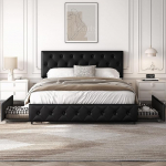 Yaheetech polsterdatud voodi, 160 x 200 cm, Kahekohaline voodiraam 2 sahtliga, noortevoodi, reguleeritava k&otilde;rgusega pealaud, hoiuvoodid, musta v&auml;rvi