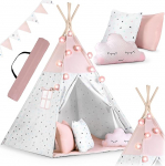 NUKIDO Montessori Style Children's Teepee Cotton and Wooden Frame with Insulating Mat 3 Cushions Garland Airy Pink
