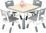 FUNLIO Children's Room Table & Chair Sets, Height Adjustable for Ages 3-8, Easy Wipe Clean Art Table for Classroom/Nursery/Homes (5-Piece) - Grey