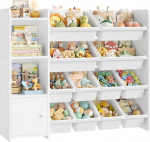 FOREHILL laste riiul 12 kastiga, puidust raamaturiiul lastele, hoiukast, lastetoa m&ouml;&ouml;bel koos m&auml;nguasjakastiga, 112,5 x 100 x 30 cm, valge