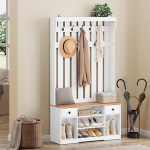 YITAHOME mantlihoidja koos kingapangaga, garderoob, 9 konksu ja 2 riidest sahtlitega mantlihoidja, esikusse ja elutuppa, kingakapp, 100 x 35 x 180 cm, puit, valge