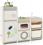 COSTWAY Children's Shelf with Boxes, Children's Room Shelf with 4 Cabinets, Sink Tap, Whiteboard Markers, Board Eraser, Bookcase for Children, Toy Shelf for Toy Storage (Dreamer)