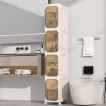 KHNR kitsas vannitoakapp 4 tasandiga ja ratastega, 20 x 33 x 127 cm, kokkupandav, magnetiline uks, veekindel ja hallituskindel, kreemvalge l&auml;bipaistev, PP plastist riiulitega riiulitega.