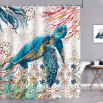 Bonhause Shower Curtain Sea Turtle Coral Nautical Ocean 180 x 180 cm Shower Curtains Anti-Mould Waterproof Polyester Fabric Washable Bathroom Curtain for Bathroom with 12 Hooks