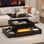 Couchtisch mit LED und versteckter Aufbewahrung, 2 funktsionaalset &scaron;ubladen - 65 x 65 x 38,5 cm - Spanplatte, Schwarz
