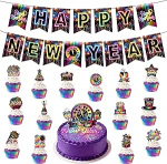 Neujahrsparty-Dekorationsset, 1 buntes "Happy New Year"-Banner + 1 gro&szlig;er Tortenaufsatz + 15 Cupcake-Topper f&uuml;r Silvester-Party-Dekorationen, Festival-Dekorationspie&szlig;e f&uuml;r Cupcakes, Kuchen und