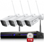 REIGY 3MP WLAN Outdoor Surveillance Camera Set with Floodlight, 10CH Wireless NVR Surveillance System + 4 x 1296P Camera Wireless, Two-Way Audio Motion Detection Coloured Night Vision with 1TB HDD