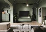 Lomadox Wohnzimmer Set Wohnzimmerm&ouml;bel in gr&uuml;n und Kaschmir matt, 5-teilig mit Lowboard, Highboard, Vitrinenschrank, 2 Couchtische, Metallf&uuml;&szlig;e, grifflos Push-to-Open