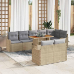 9-teiliges Outdoor-Sofa-Set Beige mit 4 Armsofa, Ecksitz und 3 Sitzen als Gartenm&ouml;bel-Set mit Poly-Rattan und Kissen