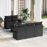 Poly Rattan Garten-Sofa-Set 6-teilig mit Tisch und Kissen, Outdoor-Sofa-Set mit Stauraum in Schwarz und Creme
