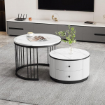 Elegantne 2-osaline valge pesakujuline kohvilaudade komplekt, 60 x 60 x 45,5 cm ja 50 x 50 x 32 cm, &uuml;mmargused lauad k&otilde;rgl&auml;ikega marmori v&auml;limusega, 2 sahtlit, maksimaalne koormus 30 kg, pesakujuline kombineeritud kohvilaud