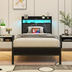 Polsterdatud voodiraam 90 x 200 cm, LED ja laadimisjaamaga voodiraam, voodiraam hoiuruumiga, noorte voodi, k&uuml;lalisvoodi koos peaplaadiga, sobib ideaalselt magamistuppa, k&uuml;lalistetuppa, tumehall