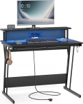 VASAGLE LWD191B02 m&auml;ngulaud sisseehitatud vooluv&otilde;rguga, arvutilaud koos monitoristendiga 2 monitorile, magamistuba, 60 x 100 x 76 cm, must