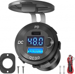 12V-60V USB C autopesa alumiiniumist: PD Type C & QC pistikupesa paigalduskarp koos l&uuml;lituspaneeliga Pinge n&auml;idik 12 Volt DC adapteri autopistikupesa iPhone'ile Reisijaveokile Haagissuvila Elamu mootorratta Paadile