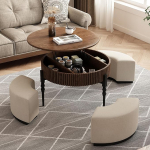 Lartis Modern Round Coffee Table Set Walnut Finish with 3 Stools 2 Piece Set for Living Room