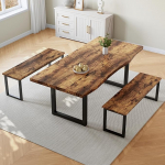 JIEXI rustikaalne s&ouml;&ouml;gilaua komplekt koos 2 pingiga, laine servaga puidust lauaplaat, must metallist raam, 160 x 75 x 75 cm laud, 110 x 30 x 45 cm pingid, allapoole paigaldatav pink (Vintage Woodgrain)