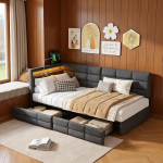 Polsterdatud diivanvoodi, 90 x 200 cm, 2 sahtliga, noortevoodi RGB v&auml;rviga, &uuml;heinimesevoodi puidust liistude alusega, lastevoodi, diivanvoodi, voodipesu (Hall, 90 x 200 cm)