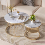 HYNHXBP Rund Couchtisch 2er Set, Marmor Optik, Stilvoller Beistelltisch mit Robustem Metallrahmen, Moderne Kaffeetische f&uuml;r Wohnzimmer und Schlafzimmer (Gold)