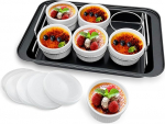 Ramekin Set with 6 Silicone Lids, Creme Brulee Making Set, 304 Stainless Steel Lifting Rack and 25.5 x 37.3 cm Base Baking Pan, Set of 6 Porcelain (White)