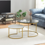 [en.casa] Christchurch kohvilaud, 2 tk, &uuml;mmargune diivanilaud, metallraamiga k&uuml;ljelaud, kohvilaud, marmorist, must/valge/kuldne