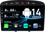 SXAUTO Android 14 IPS autoraadio Peugeot 308/408 (2010-2016) jaoks - Sisseehitatud Carplay/Android Car/DSP - LED kaamera + MIC - 4G + 64G - DAB 360-CAM roolijuhtimispuldi juhtimine Fast Boot WiFi AHD - 2 DIN 9-tolline
