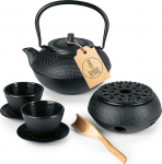 Lumaland Tea Set 8 Pieces | 1.4 Litre Cast Iron Teapot Tetsubin | Cast Iron Warmer | 2 Tea Cups & 2 Coasters | Japanese Tea Set Including Bamboo Dosing Spoon & Stainless Steel Strainer