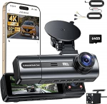 4K Dashcam auto esiosa tagaosa koos k&otilde;vakomplektiga, WiFi Dash Cam koos parkimise j&auml;lgimisega, 64GB SD-kaart, 3-kanaliline autokaamera &ouml;ise n&auml;gemise, 170&deg; lai nurga, WDR, G-sensor, loop salvestamine, App Controliga