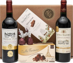 Kinkekomplekt Prantsuse r&otilde;&otilde;mud, Prantsuse punane vein (Bordeaux) kuiv, &scaron;okolaaditr&uuml;hvel, tume &scaron;okolaad, 2 x viigimarjad &scaron;okolaadis, kingitusekorv meestele ja naistele