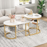 Coffee Tables, 2 Pieces Marble Design Metal Frame Round Side Table for Sofa Middle Table for Living Room Office Home Cafe Hot&ecirc;l 80 x 41 x 46 cm + 52 x 52 x 51 cm (Gold 2)