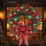 powerking j&otilde;ulup&auml;rg punaste marjade ja musta punase ruudulise lindiga, talvine lumine j&otilde;ulup&auml;rg siseruumide ja v&auml;listingimustes asuva seinaakna talumajapidamise kodukujundusele