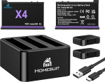 Homesuit 2-pack Insta 360 X4 aku 2500 mAh ja 3-kanaliline USB-laadijakomplekt, mis &uuml;hildub Insta360 X4 aktsioonikaamera tarvikutega Misro SD-kaardipesaga (mitte X4 Airi jaoks)