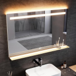 SONNI LED vannitoa peegel riiuliga, 140 x 85 cm, Touch vannitoa peegel pistikupesaga, 3 valgusv&auml;rvi, uduvastane ja m&auml;lufunktsiooniga