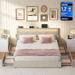 VASAGLE Kahekohaline voodiraam, 140 x 200 cm, LED-metallist voodi, 4 sahtlit, laadimisjaam, reguleeritav pehmendusega peatugi, Cappuccino beež, RMB827LH01