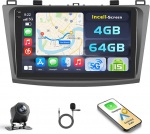 Android 15 4 + 64 GB autoraadio Mazda 3 2009-2013 9-tollise Incell puuteekraaniga, autoraadio 2DIN traadita Carplay Android autoga, FM/RDS raadio BT GPS WiFi tagurduskaamera + mikrofon