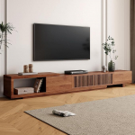 OLEYLUCKIDEA Mid-Century Modern TV Cabinet for 80+ Inch TV, Extendable TV Lowboard with Storage Space (198 cm to 262 cm), Home Entertainment Centre in Walnut for Living Room, Bedroom