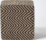 Homescapes Black and Natural Jute Herringbone Pattern Cube Pouffe - 36 x 36 x 38 cm