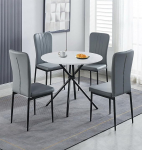 Hallowood Furniture Cullompton Small Round Dining Table and Chairs Set 4 White Marble Effect Kitchen Table with Grey Faux Leather High Back Dining Set for Home Cafe
