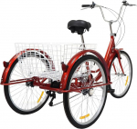 PUDLOR 24-tolline kolmerattaline jalgratas t&auml;iskasvanutele, 6-k&auml;iguline 3-rattaline jalgratas, korvi ja valgustusega, t&auml;iskasvanute kolmerattaline jalgratas, pehme padi ja seljatugi, kolmerattaline jalgratas, sobib igat t&uuml;&uuml;pi teepindadele (punane)