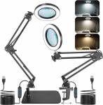 Jubor 2-in-1 Magnifying Glass with Light and Stand, 15 x 10 x LED Magnifying Lamp with Clamp and Base, Desk Lamp with 3 Colour Modes, Dimmable, LED Magnifying Lamp for Hobby Crafts, Repair, DIY