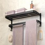 DDS-DUDES Black Towel Rack for Bathroom, Towel Rack with Double Towel Bars, Toilet Wall Mount Holder with Hooks, Stainless Steel Hotel Bathroom Rack (Matte Black, 15")