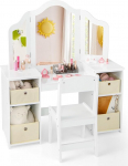 HONEY JOY Valge laste riietuslaud, printsessi riietuslaud kolmekordse kokkupandava peegliga, avatud hoiuriiulid ja 4 kasti, v&auml;ikelapse meigilaud ja tooli komplekt, rollim&auml;ng t&uuml;drukutele