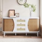 Merax Rattan k&uuml;ljepaneel kapp 3 rotangist sahtli ja 2 l&uuml;kanduksega, puidust k&ouml;&ouml;gikapp buffet reguleeritavate riiulitega, kumer disain, valge + puidu v&auml;rvi, 140,5 x 40 x 76 cm, 140,5 x 40 x 76 cm